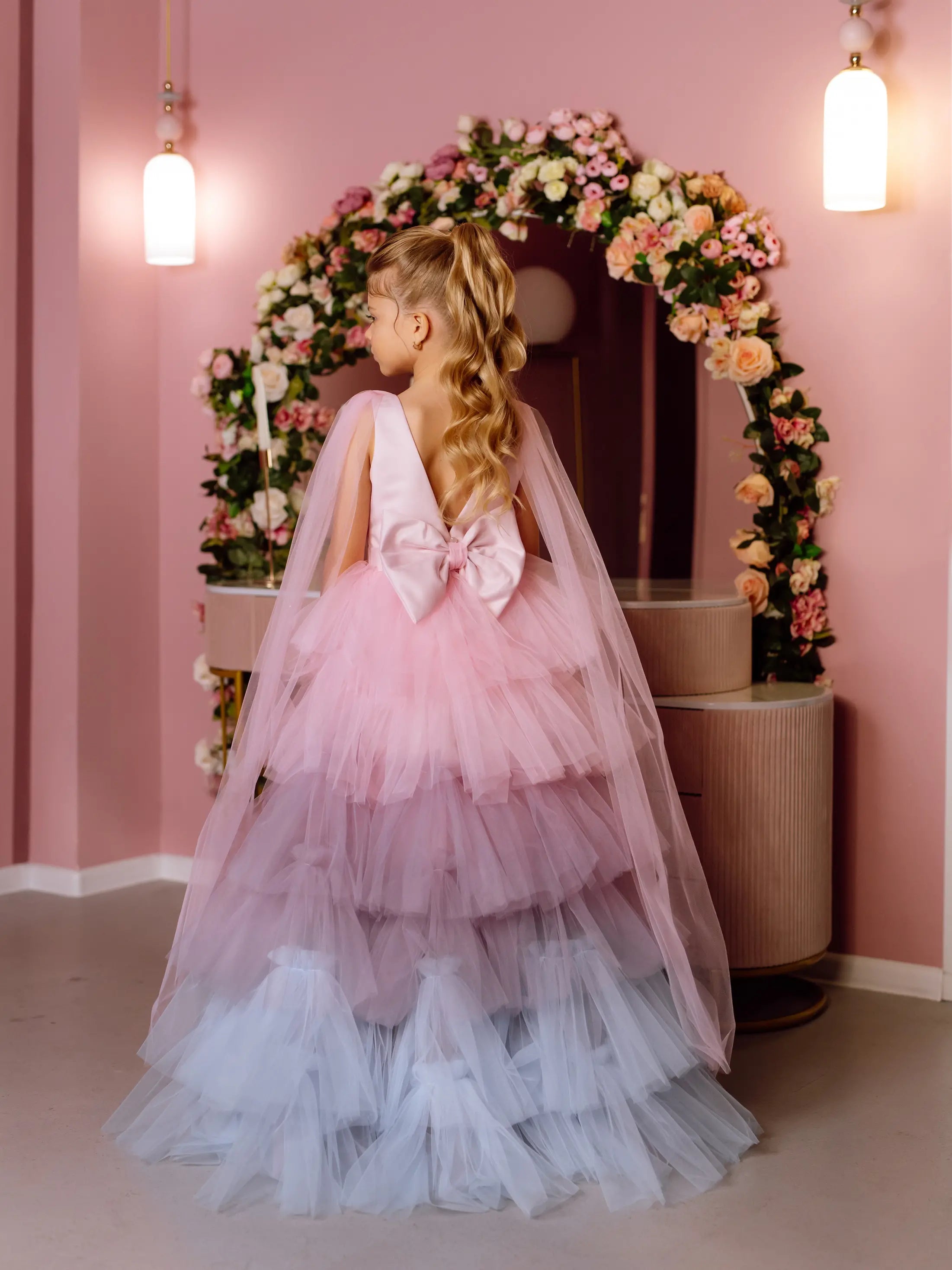 Rainbow tulle flower girl dress