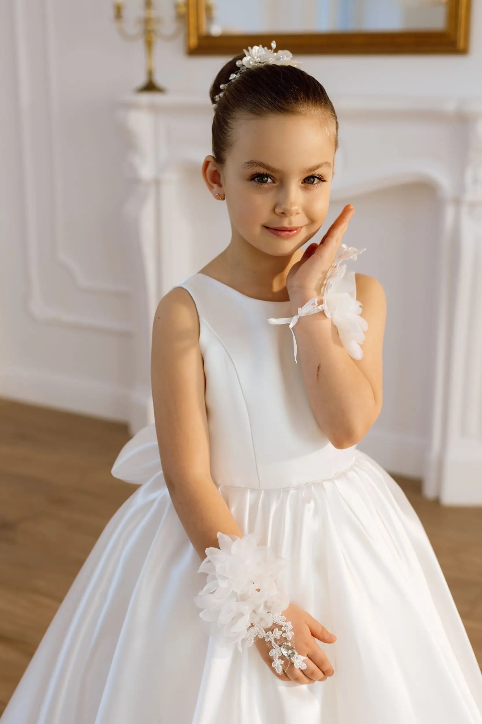 Adelina satin flower girl dress
