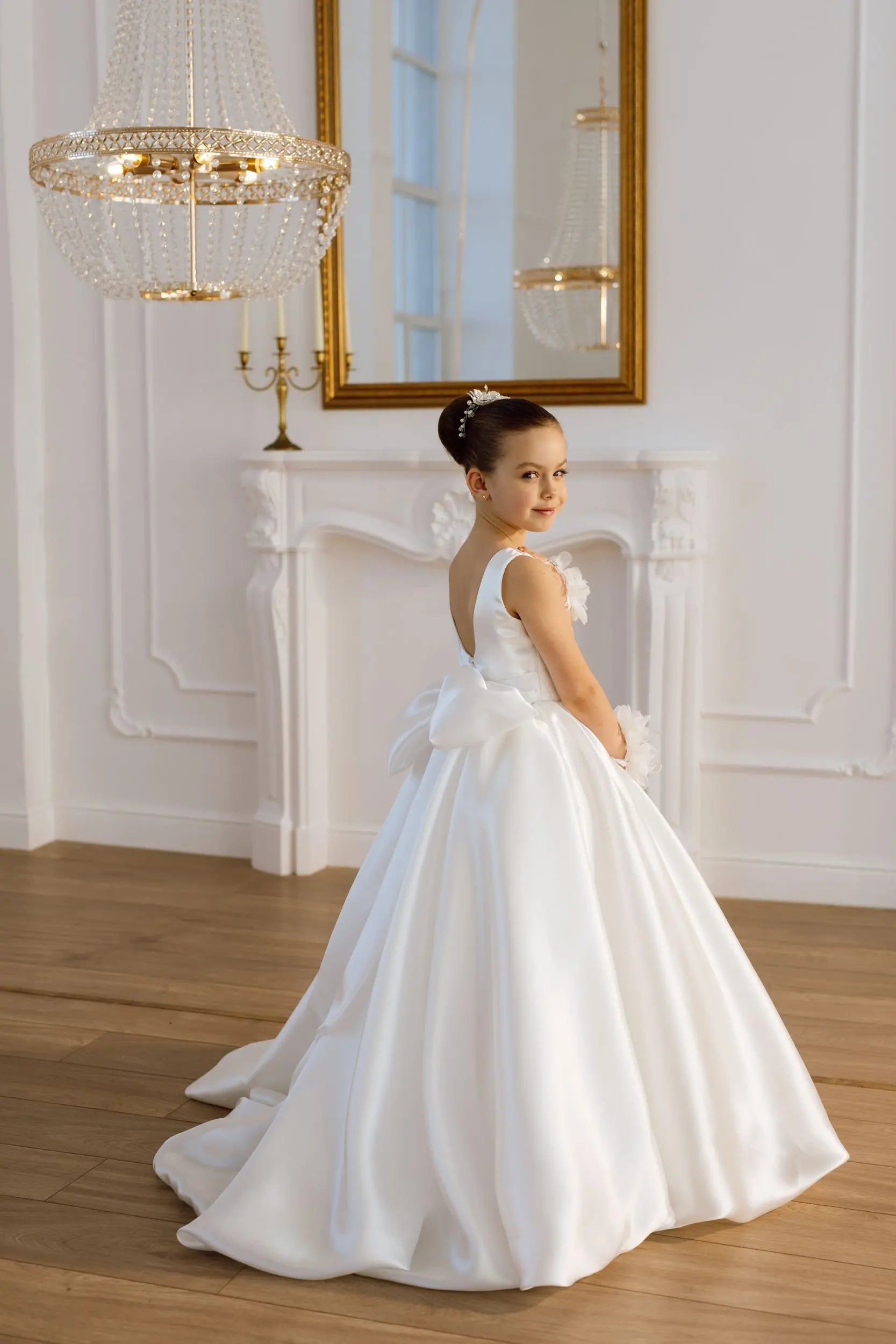 Adelina satin flower girl dress
