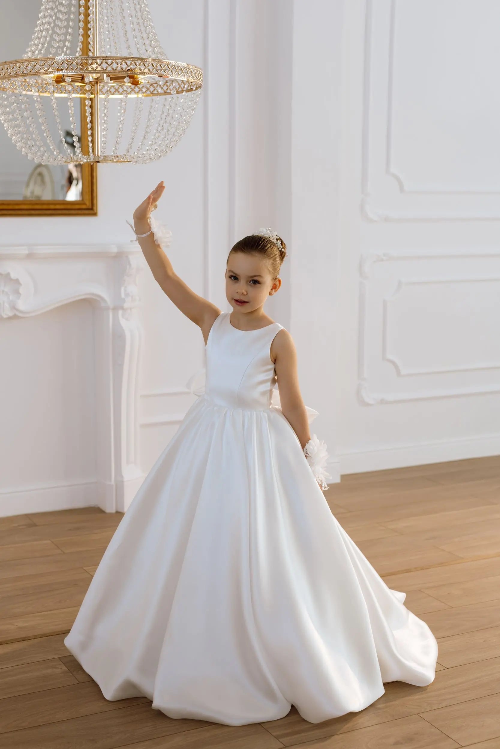 Adelina satin flower girl dress