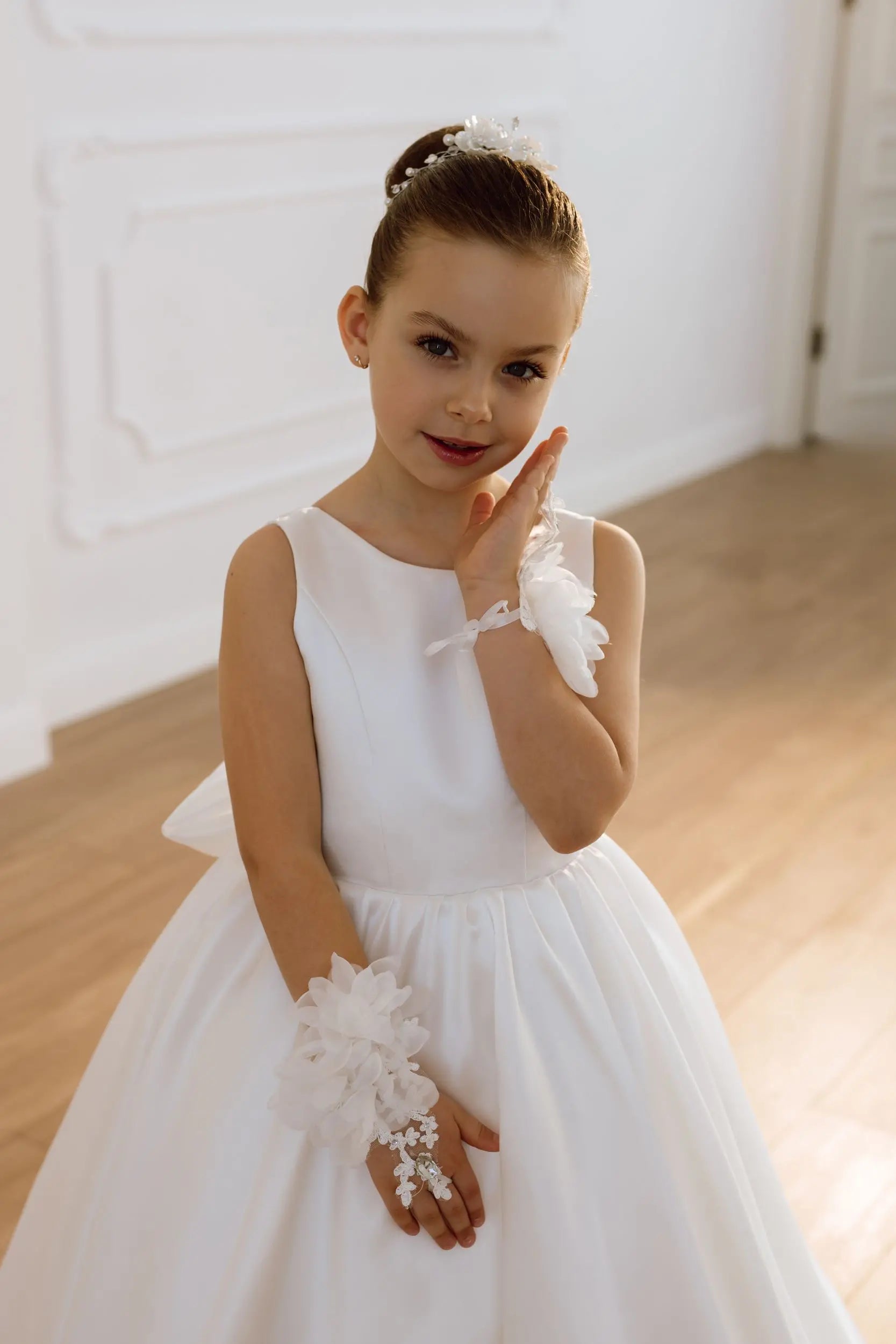 Adelina satin flower girl dress