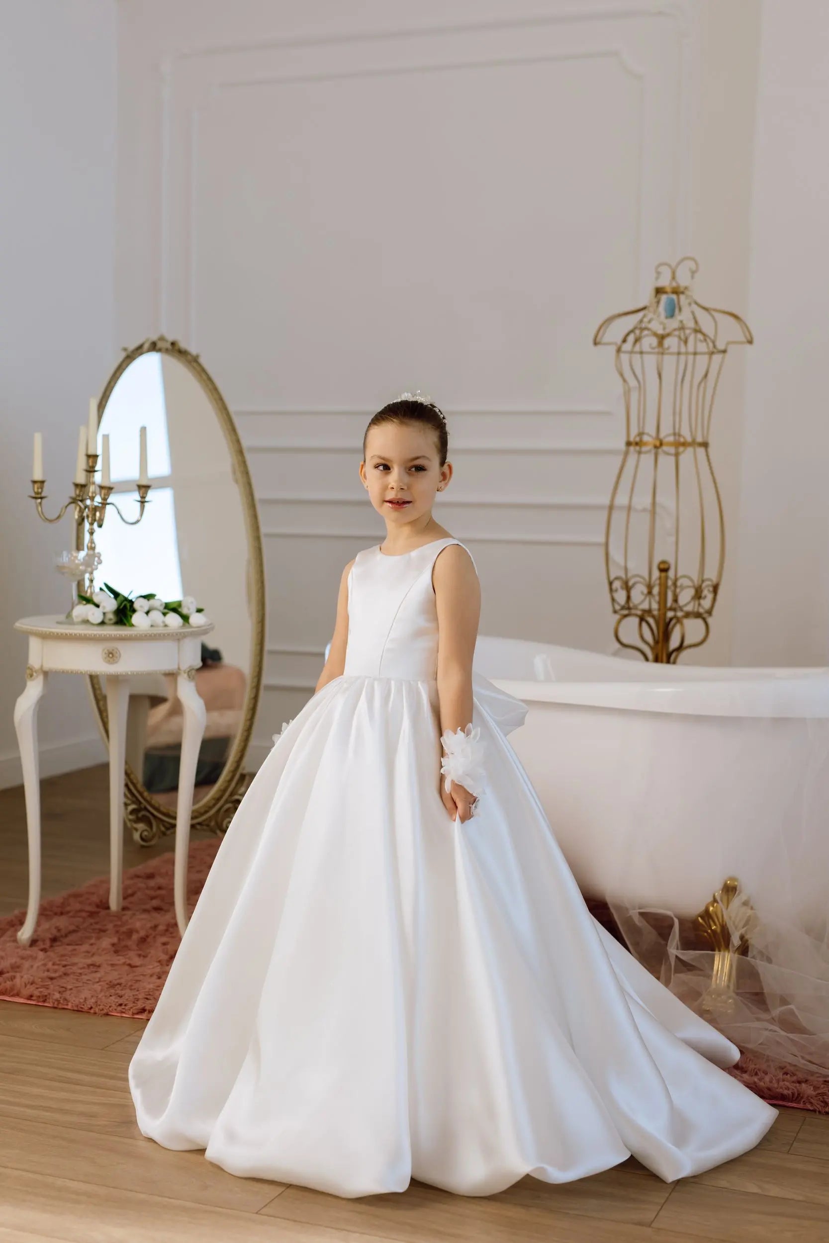 Adelina satin flower girl dress