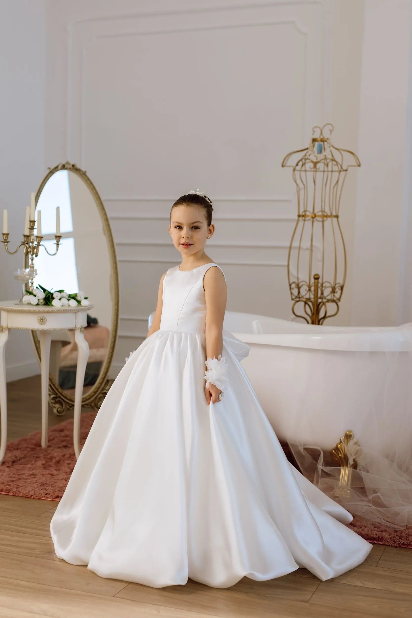 Adelina satin flower girl dress