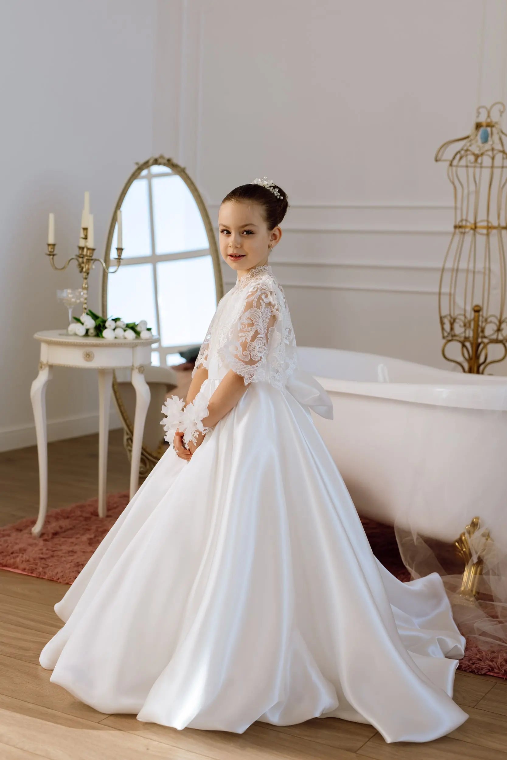 Adelina satin flower girl dress