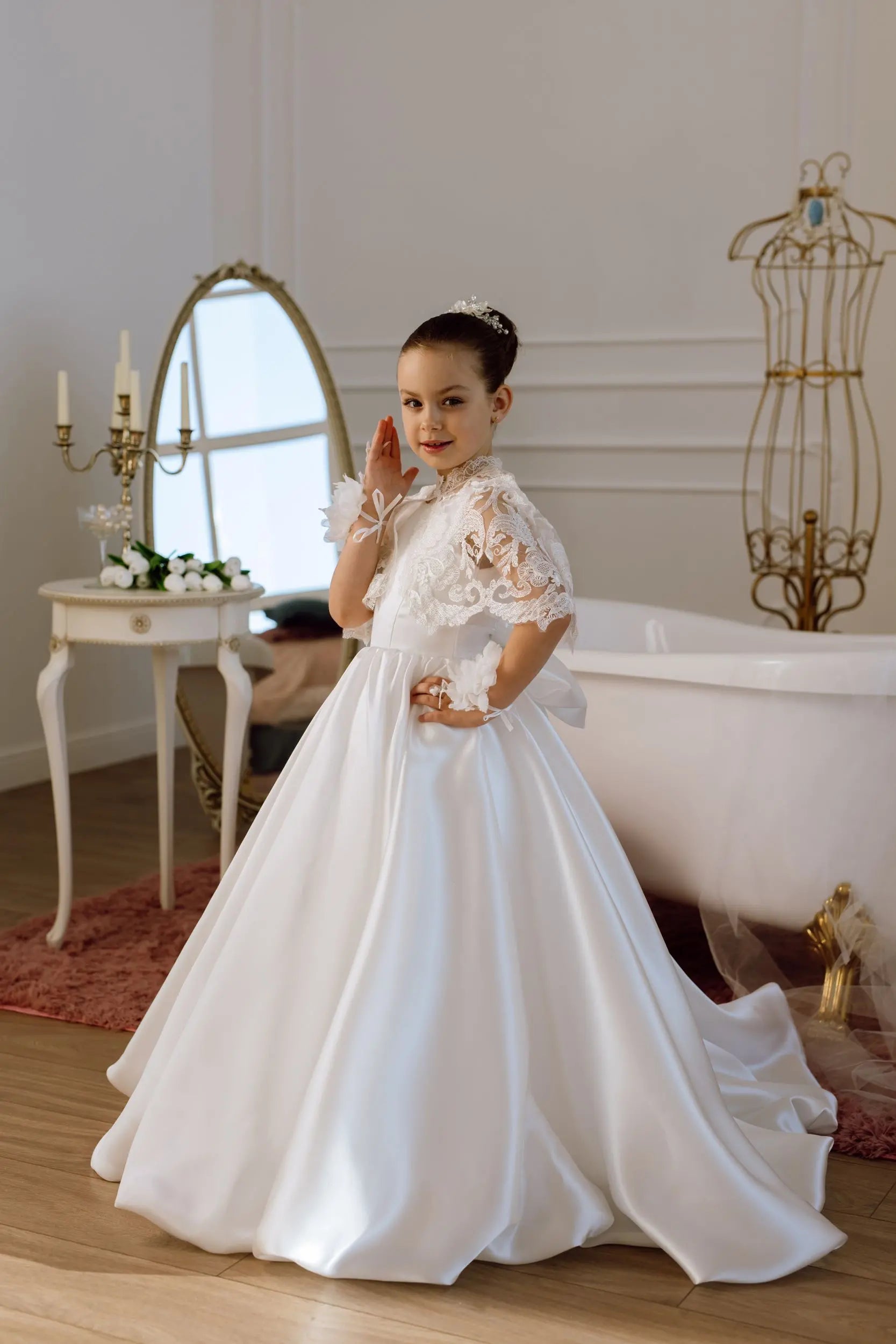 Adelina satin flower girl dress