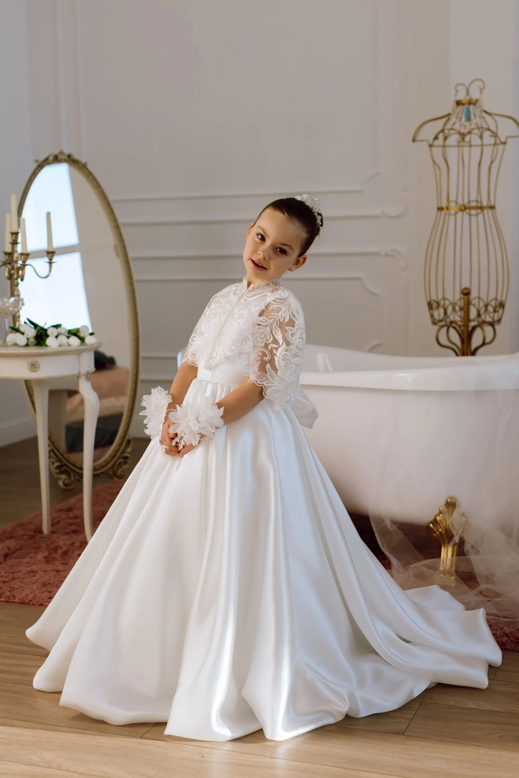 Adelina satin flower girl dress