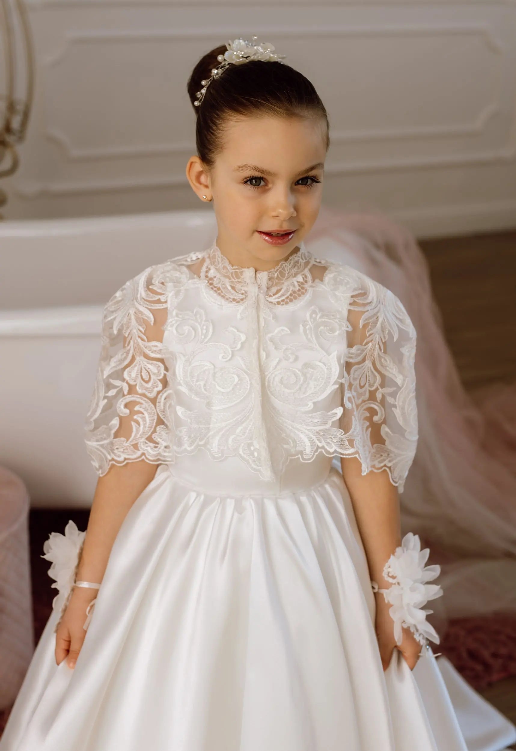 Adelina satin flower girl dress