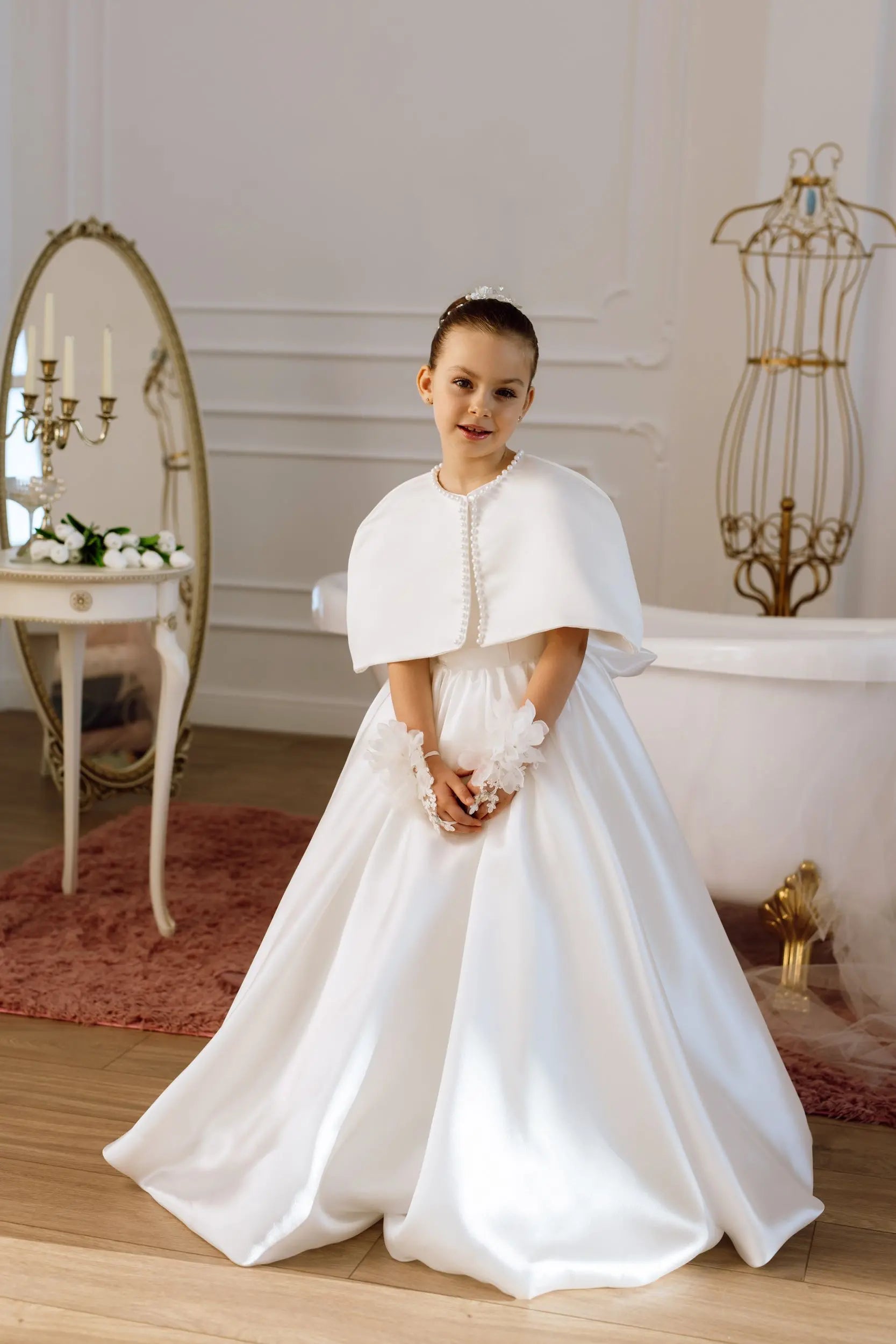 Adelina satin flower girl dress