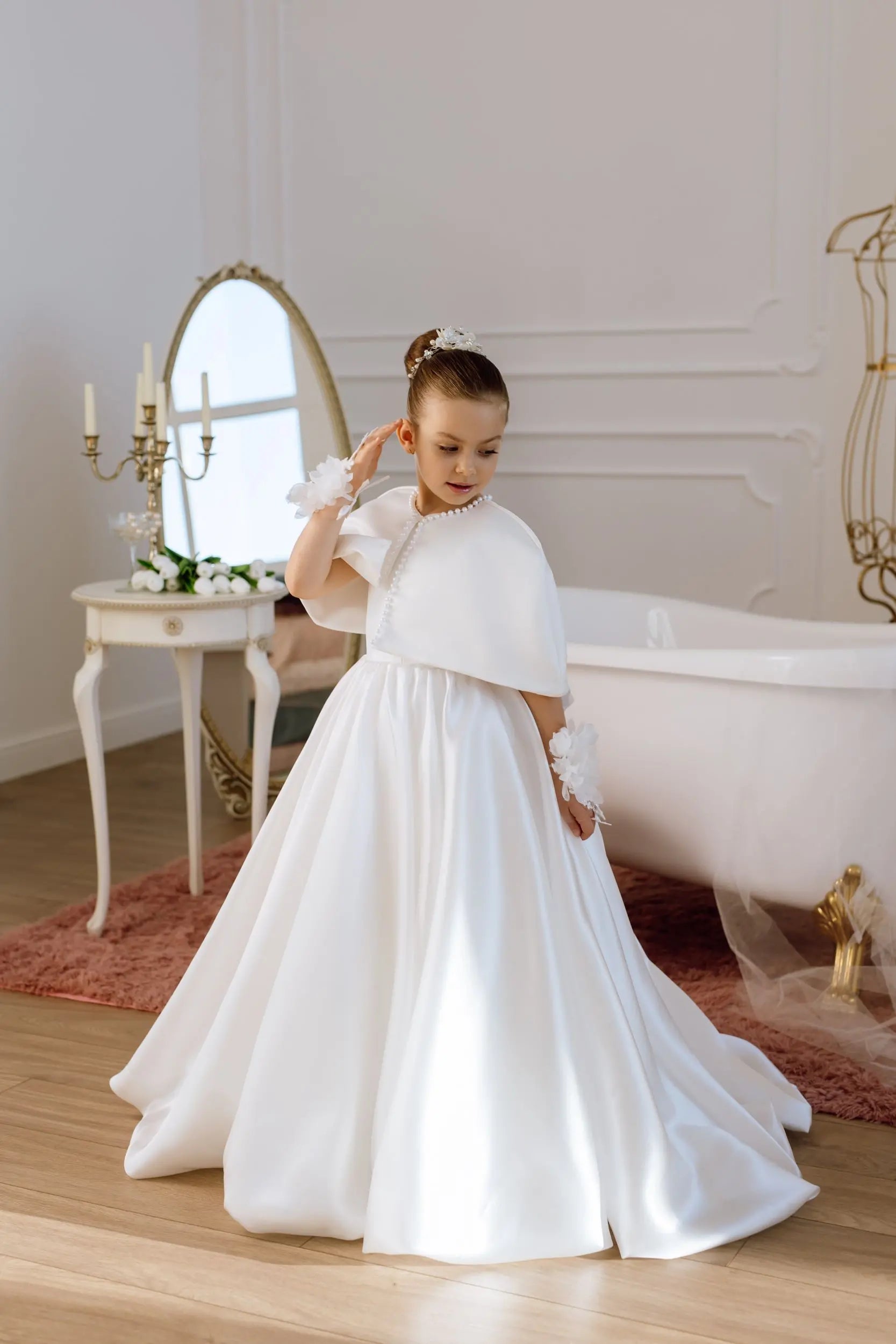 Adelina satin flower girl dress