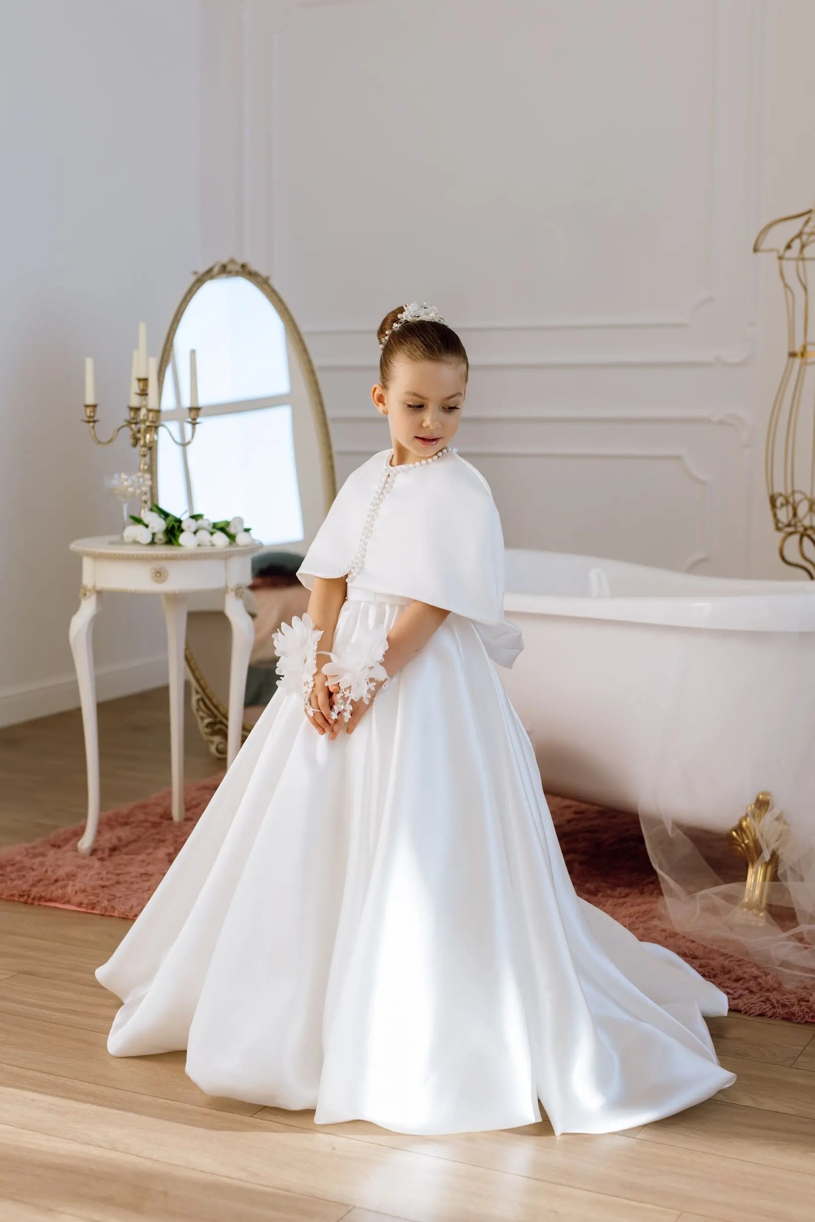 Adelina satin flower girl dress