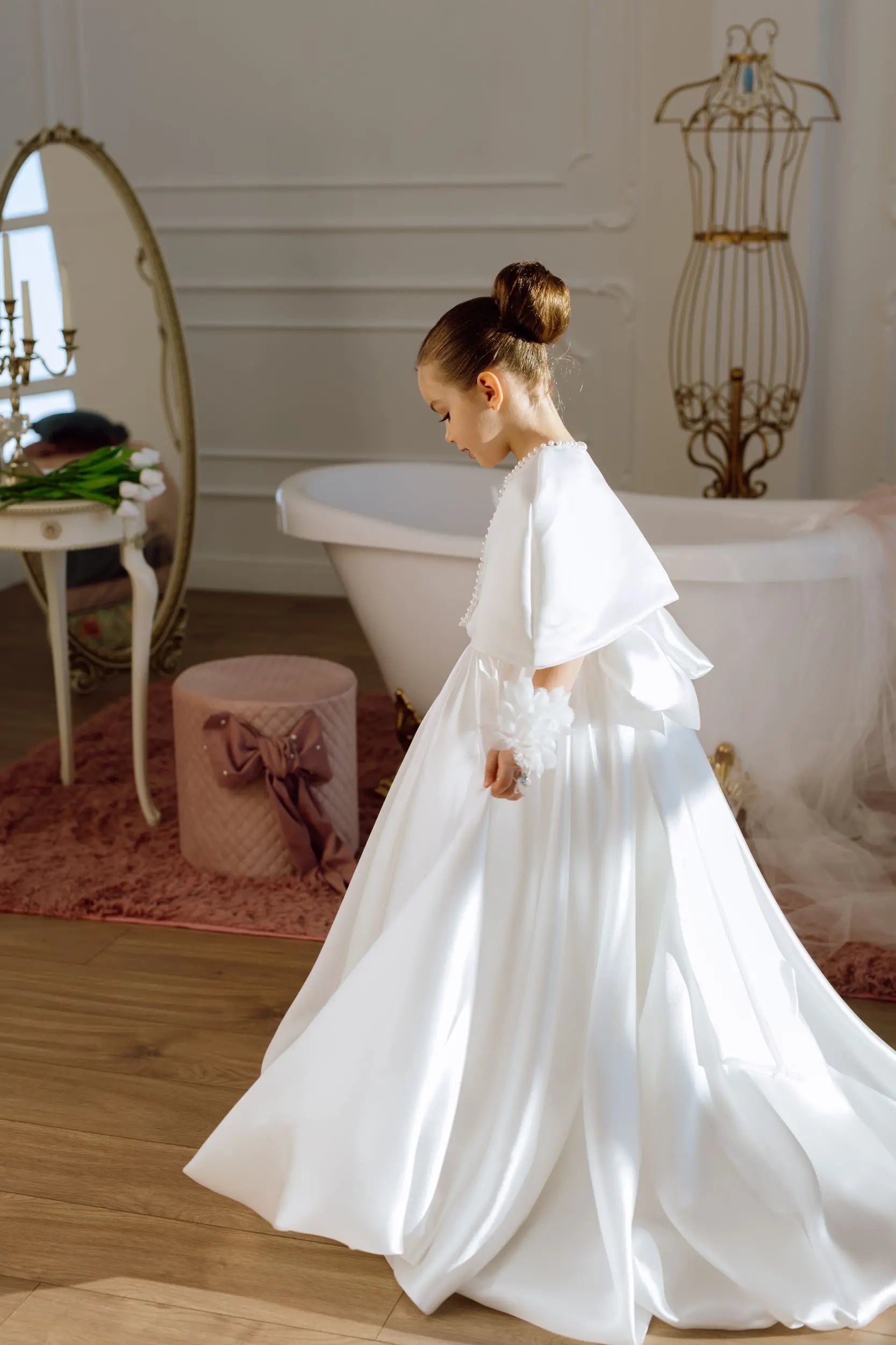 Adelina satin flower girl dress
