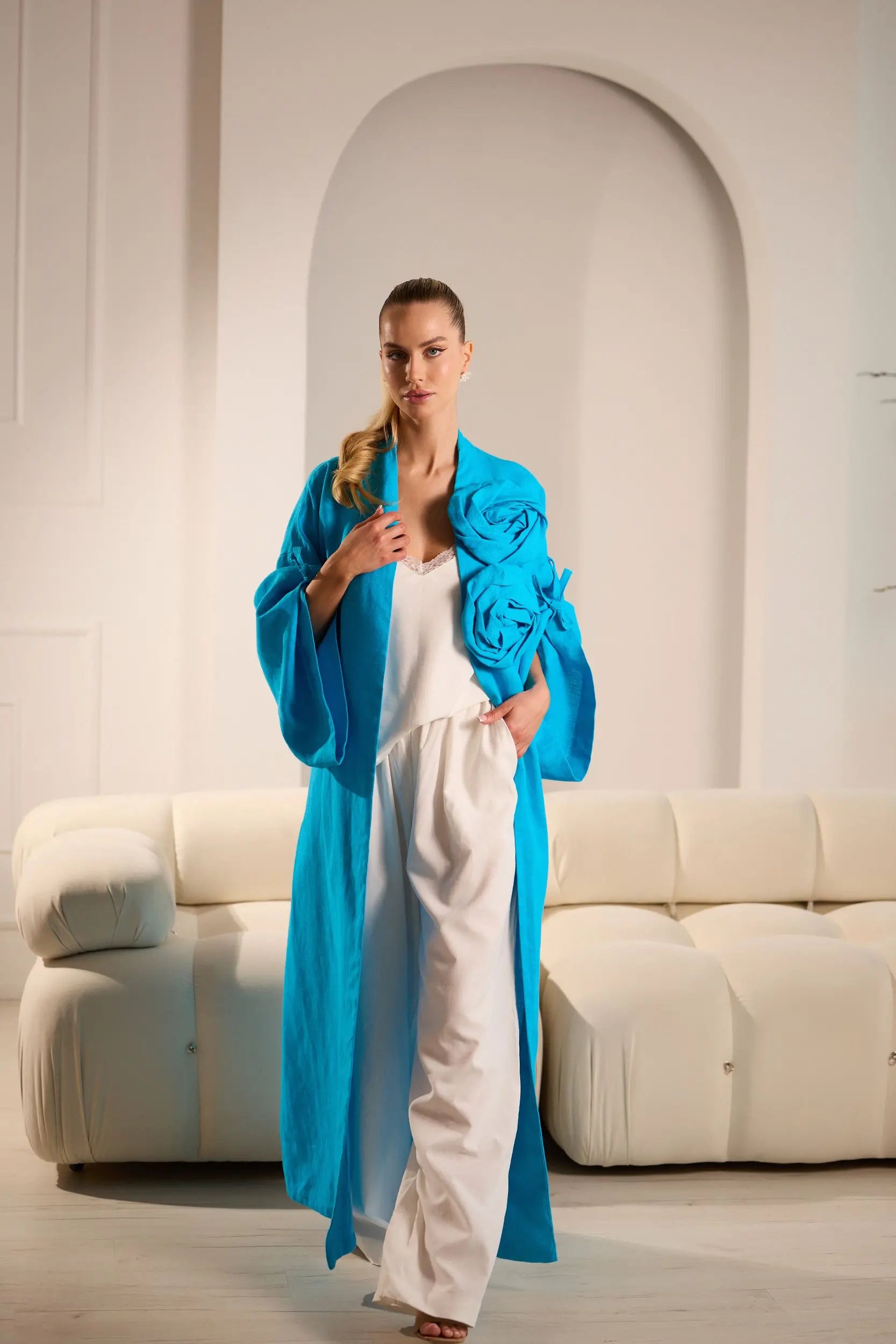 Aura Elegant Linen Pants with Cardigan Set